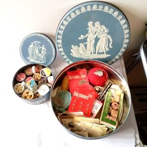 Vintage Lot of 2 Tin Boxes of Sewing Notions, Buttons, Thread, Needles, Hook Eye